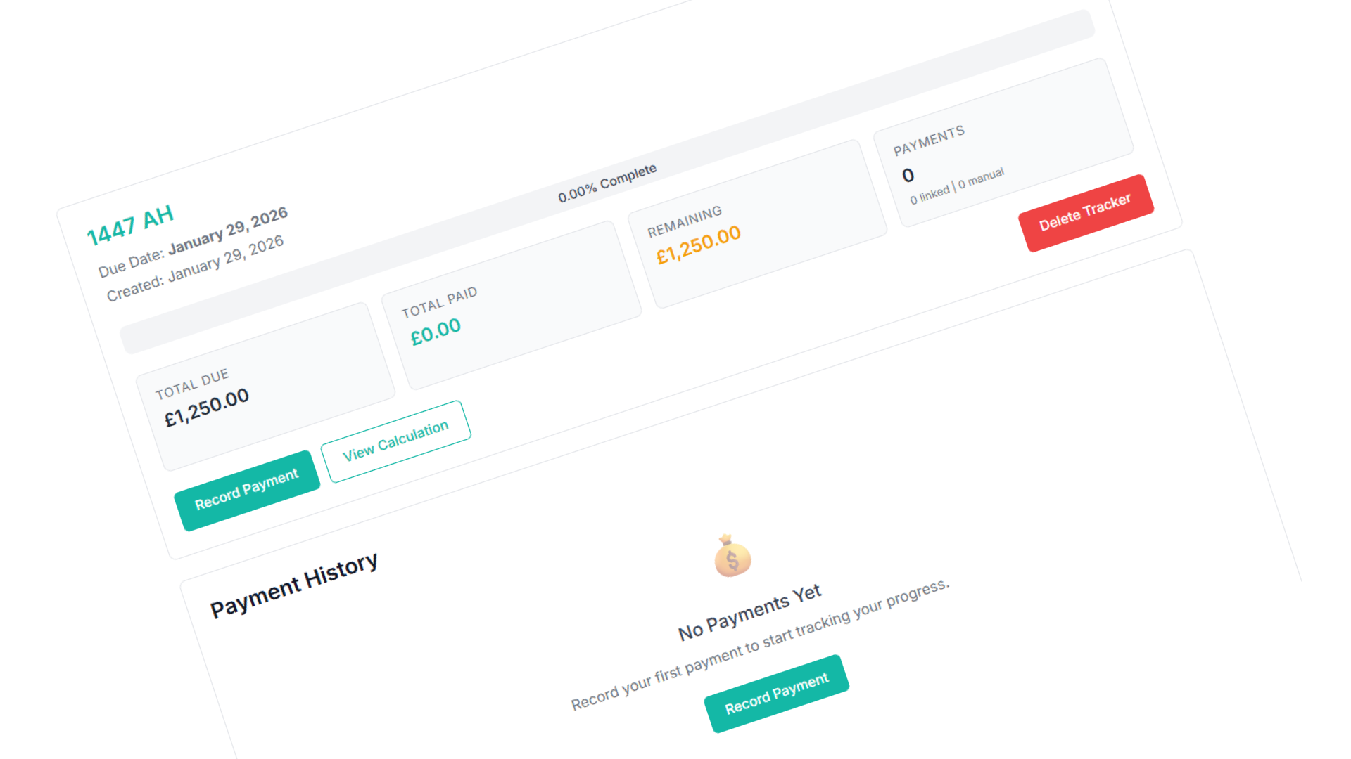 Zakat Tracker Dashboard showing payment progress and history